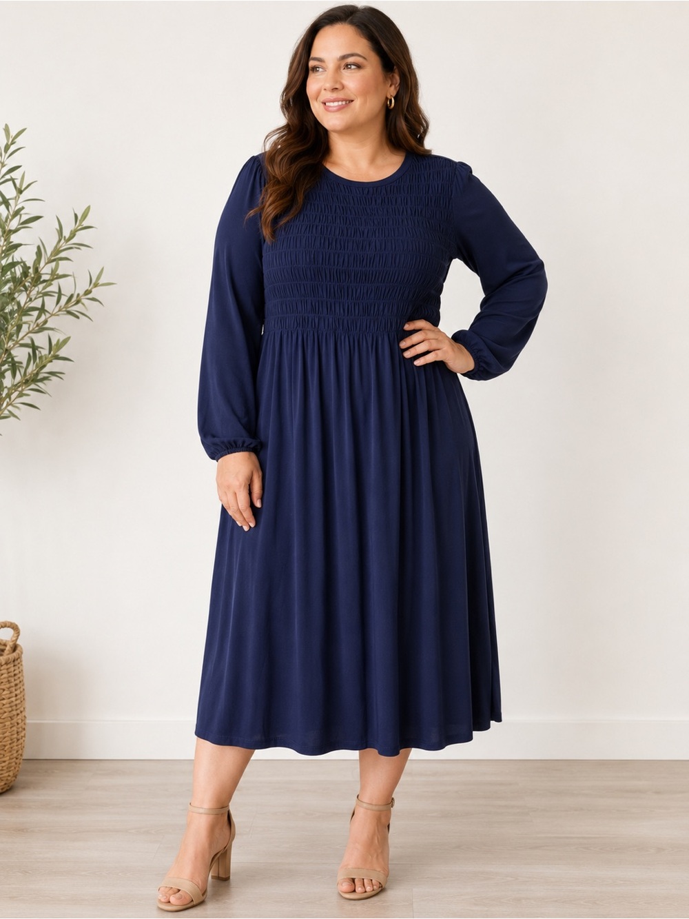 London Times Navy Blue Smocked Long Sleeve Midi Dress Size 12